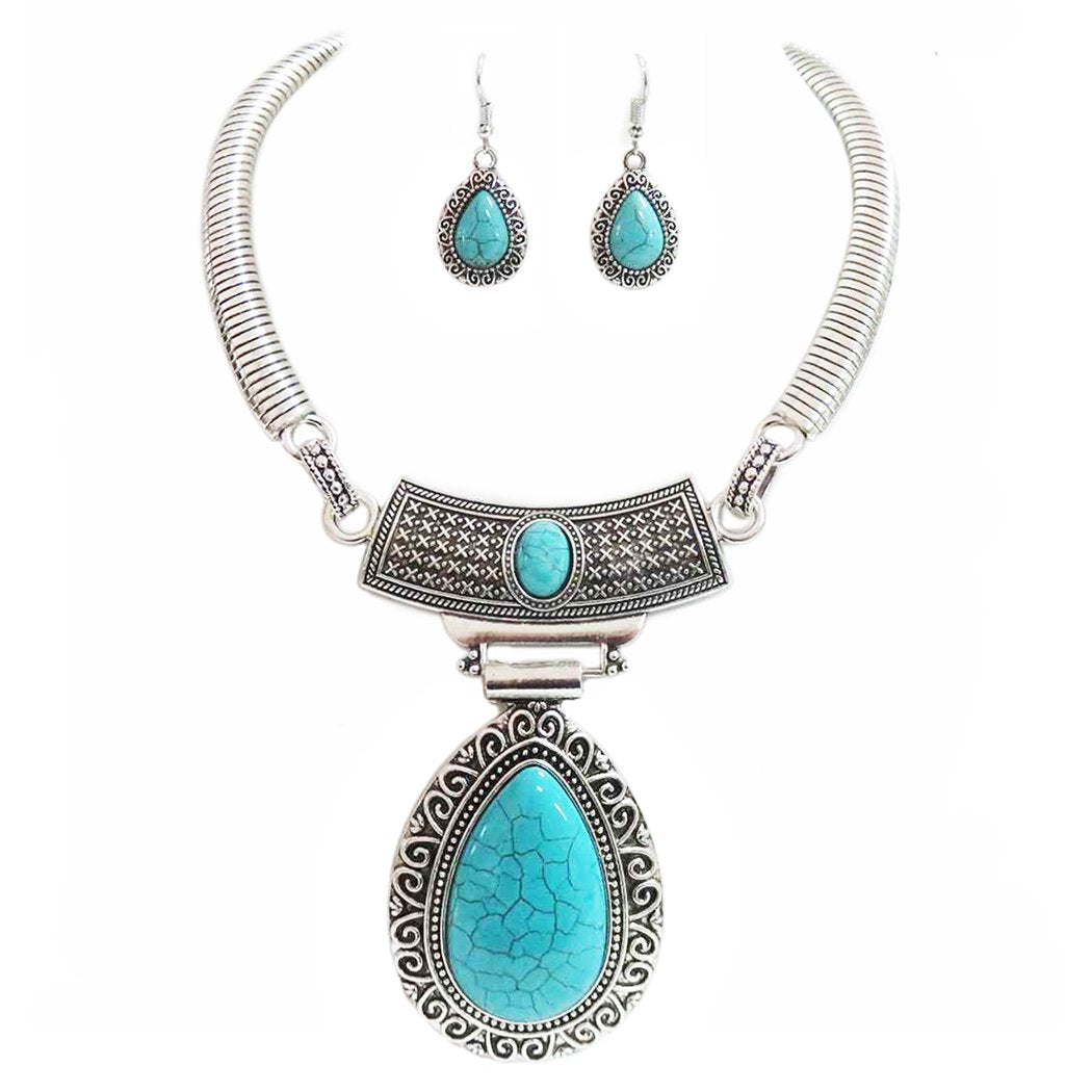 Rosemarie Collections Chic Western Charms on Metallic Silver Tone Pearls with Turquoise Howlite Beads Strand Necklace and Earrings Set, 36+3 Extender (Conchos)