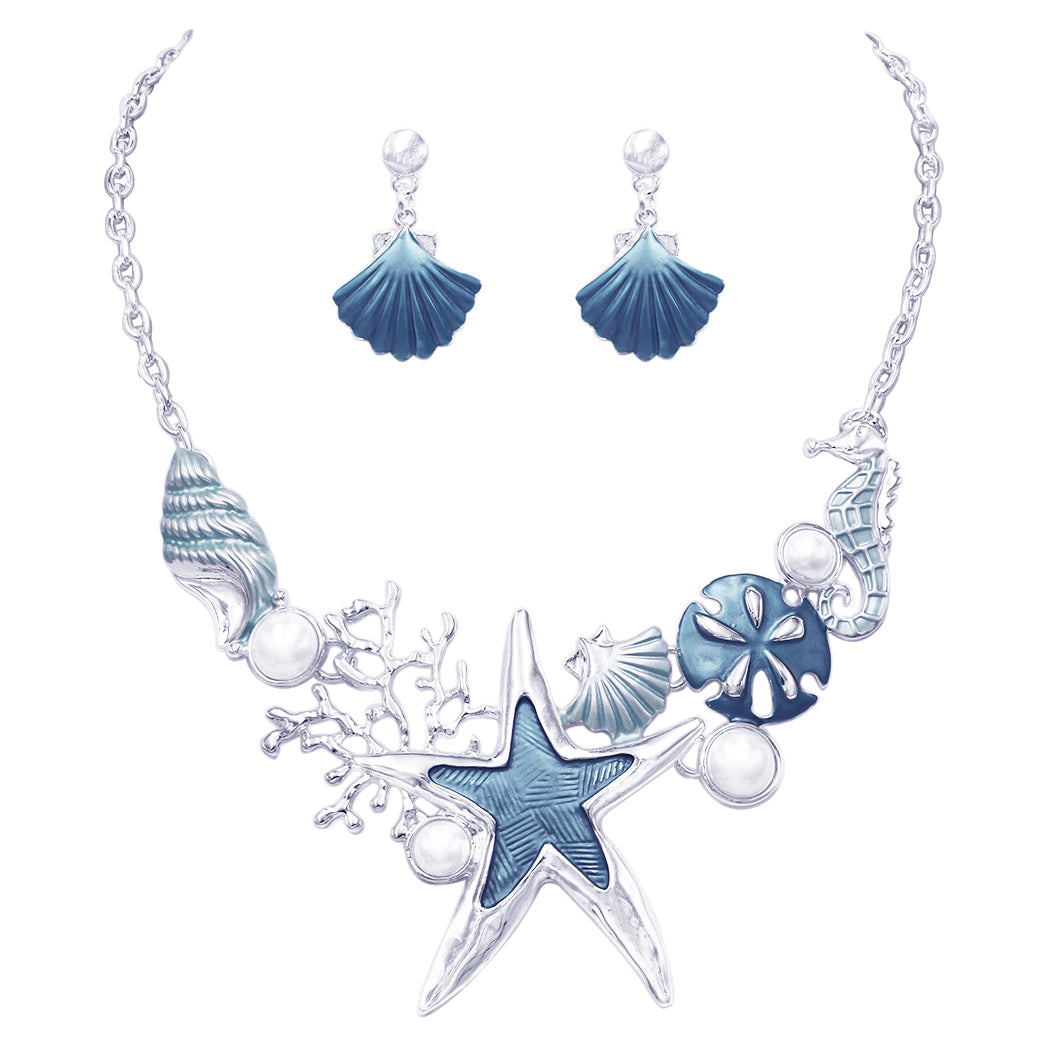 Stunning Enamel Sea Creatures And Simulated Pearl Collar Necklace Earrings  Set, 12