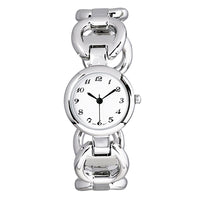 Stylish Round Face Circular Pattern Polished Metal Cuff Bracelet Watch (Silver Tone)