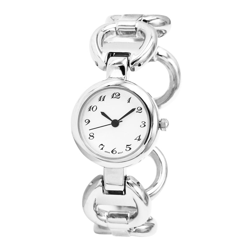 Stylish Round Face Circular Pattern Polished Metal Cuff Bracelet Watch (Silver Tone)