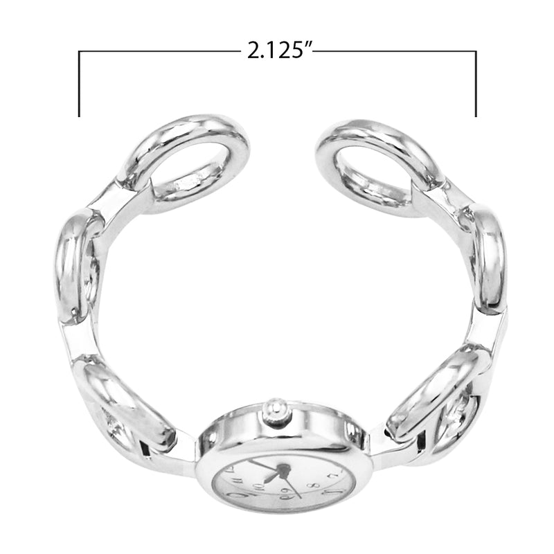 Stylish Round Face Circular Pattern Polished Metal Cuff Bracelet Watch (Silver Tone)