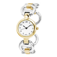 Stylish Round Face Circular Pattern Polished Metal Cuff Bracelet Watch (Two Tone)