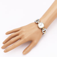 Stylish Round Face Circular Pattern Polished Metal Cuff Bracelet Watch (Two Tone)