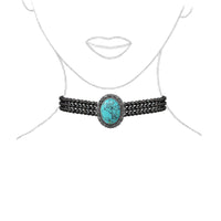 Statement Cowgirl Chic Western Natural Howlite Stone On Metallic Pearl Choker Necklace, 13"+ 3" Extension (Turquoise Howlite Stone, 3 Row 6mm With Oval Cabochon)