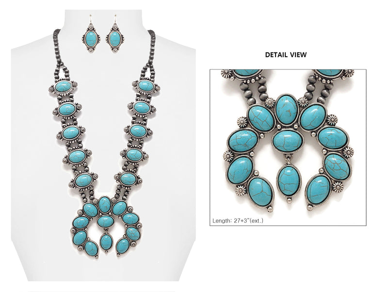 Gorgeous Statement South Western Natural Semi Precious Howlite Squash Blossom Necklace Earrings Set, 27"-30" with 3" Extension (Turquoise Blue)