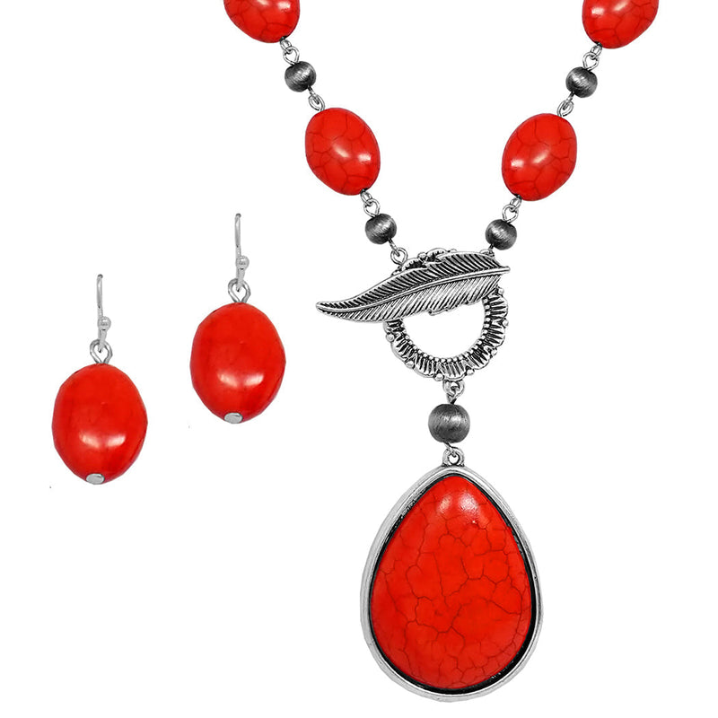 Stunning Western Cowgirl Red Howlite Stone Toggle Clasp Necklace Earring Set, 18"