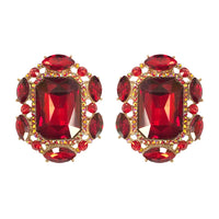 Stunning Statement Emerald Cut Crystal Clip On Style Earrings, 1.25" (Red Gold Tone)