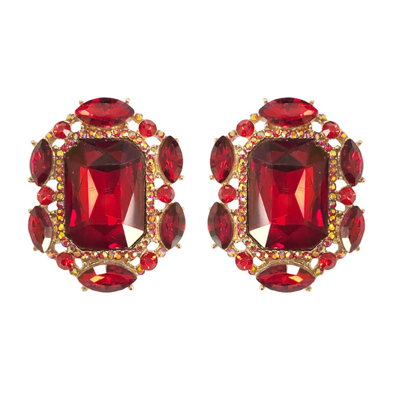 Stunning Statement Emerald Cut Crystal Clip On Style Earrings, 1.25" (Red Gold Tone)