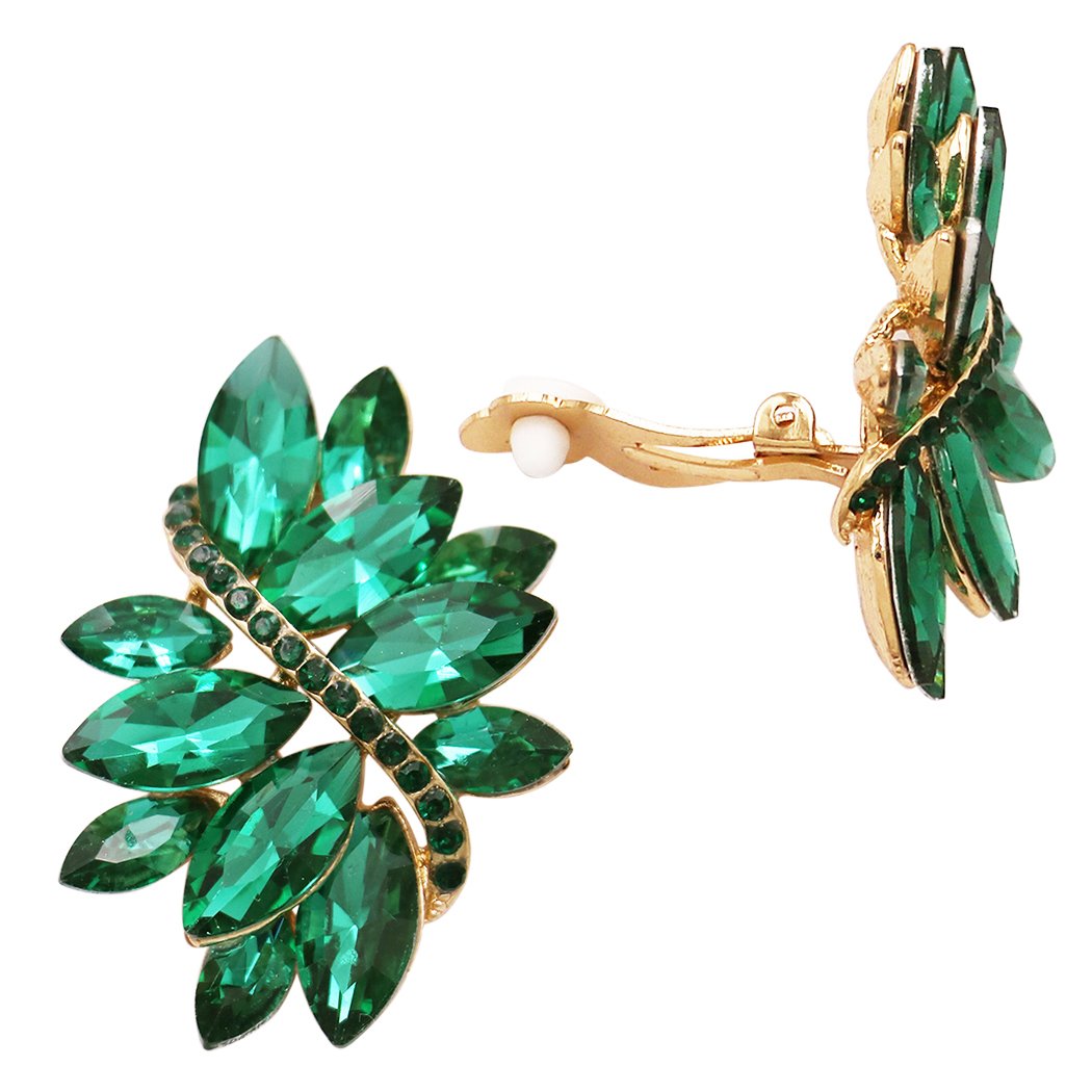 Crystal Marquis Leaf Cluster Statement Clip On Earrings (Green