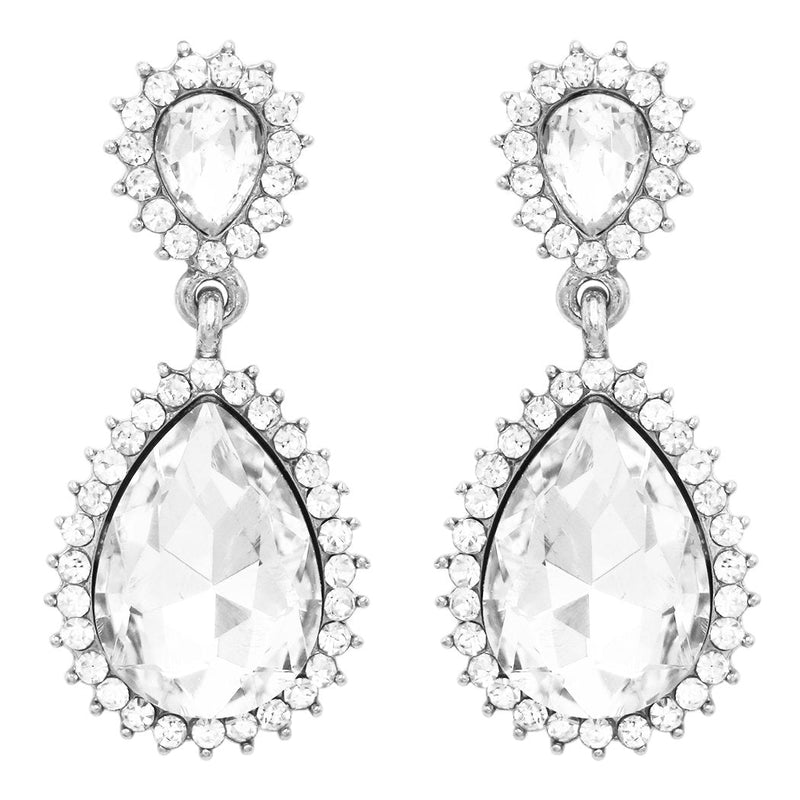 Glass Crystal Double Teardrop Rhinestone Halo Statement Drop Post Back Earrings (Clear Crystal/Silver Tone)