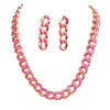 Polished Gold Tone Chunky Curb Chain With Colored Enamel Statement Necklace Earrings Set, 16"-18" with 2" Extension (12mm SMALL Fuchsia Pink)