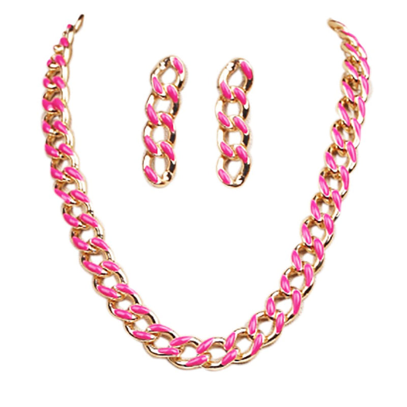 Polished Gold Tone Chunky Curb Chain With Colored Enamel Statement Necklace Earrings Set, 16"-18" with 2" Extension (12mm SMALL Fuchsia Pink)