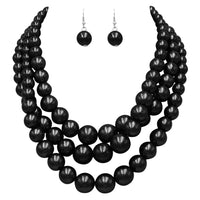 Multi Strand Simulated Pearl Necklace and Earrings Jewelry Set (Jet Black)