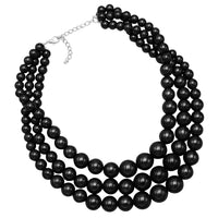 Multi Strand Simulated Pearl Necklace and Earrings Jewelry Set (Jet Black)