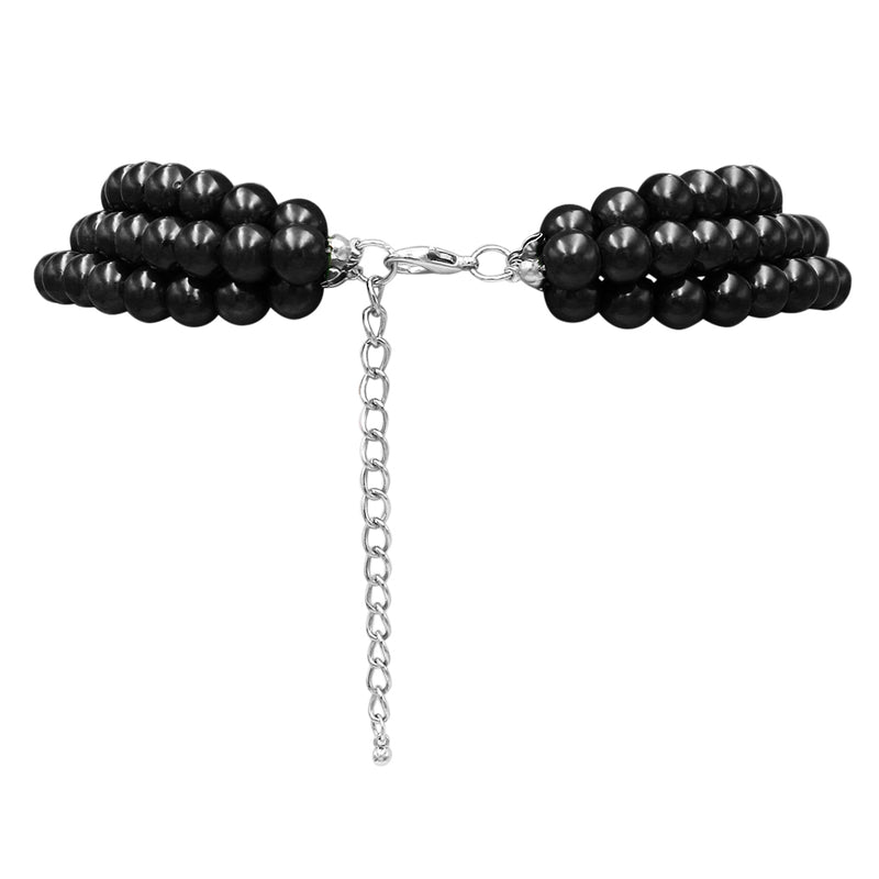 Multi Strand Simulated Pearl Necklace and Earrings Jewelry Set (Jet Black)