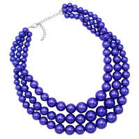 Multi Strand Simulated Pearl Necklace and Earrings Jewelry Set (Cobalt Blue/Silver Tone)