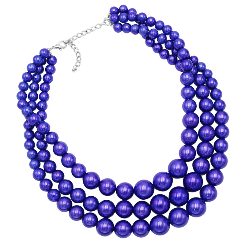 Multi Strand Simulated Pearl Necklace and Earrings Jewelry Set (Cobalt Blue/Silver Tone)