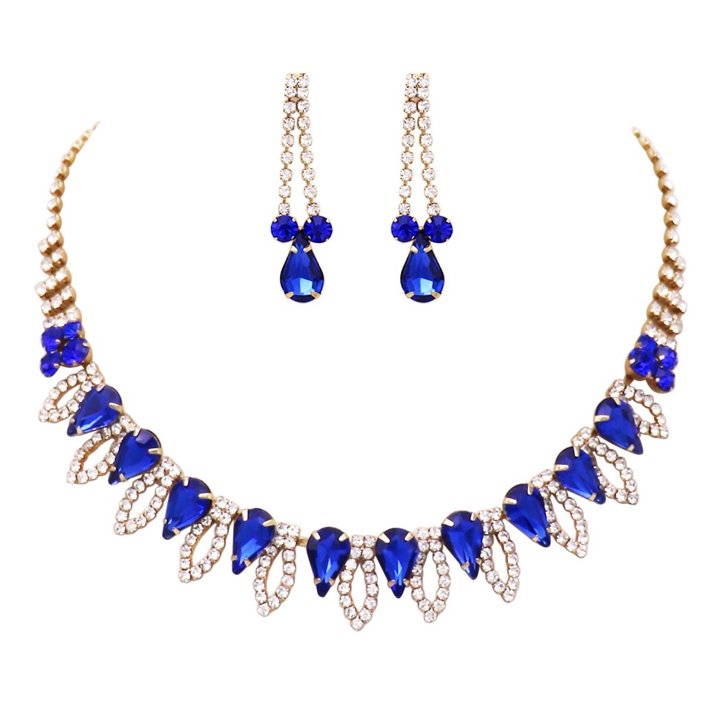 Blue Crystal Teardrop Pageant Necklace Set | Prom Necklace Set | 248870