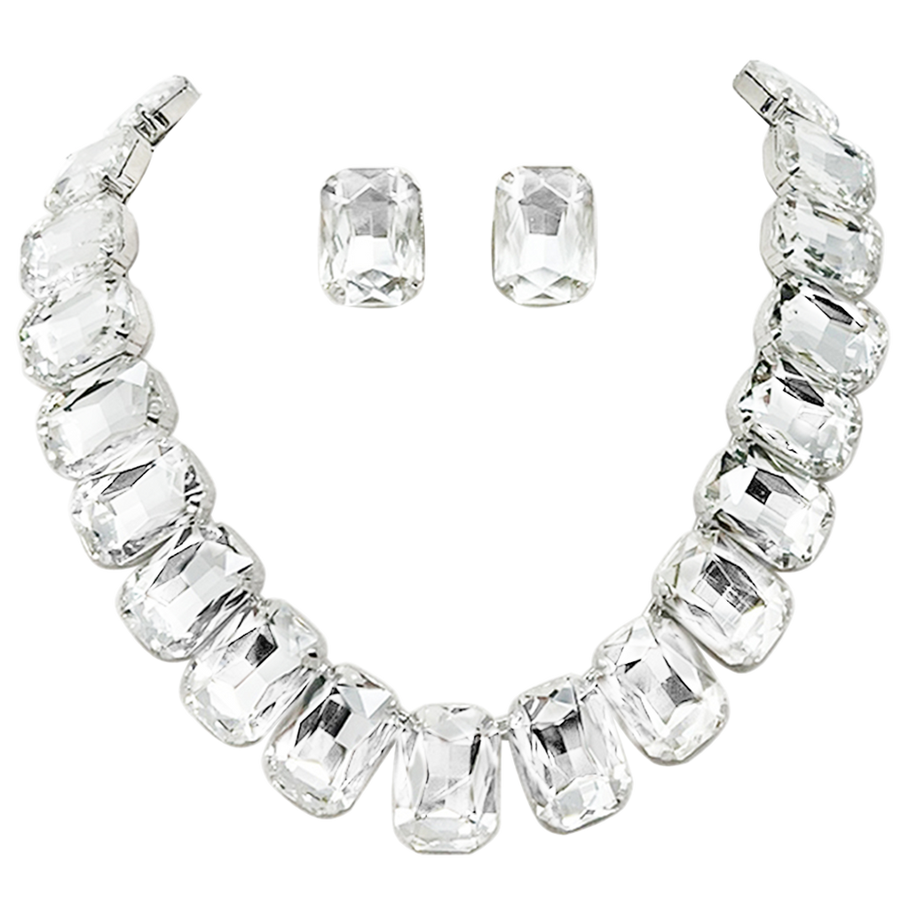 Stunning Emerald Cut Crystal Statement Necklace Earrings Set, 18+3 E –  Rosemarie Collections