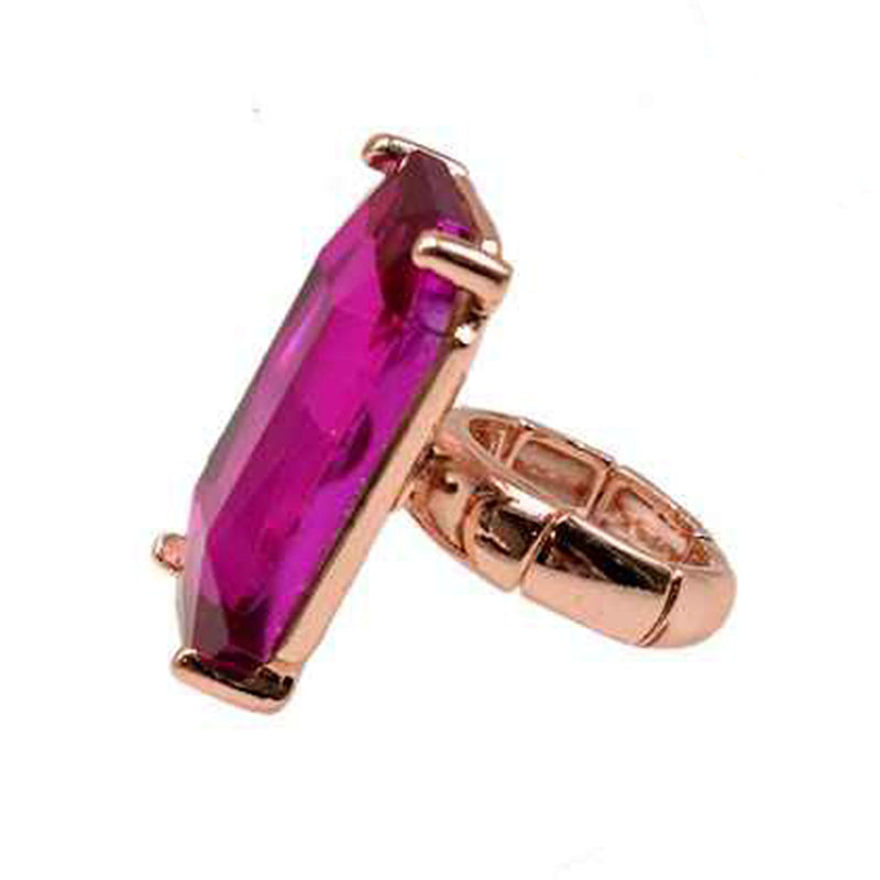 Stunning Emerald Cut Glass Crystal Statement Stretch Band Cocktail Ring,1.5" (Fuchsia Pink Crystal Rose Gold Tone)