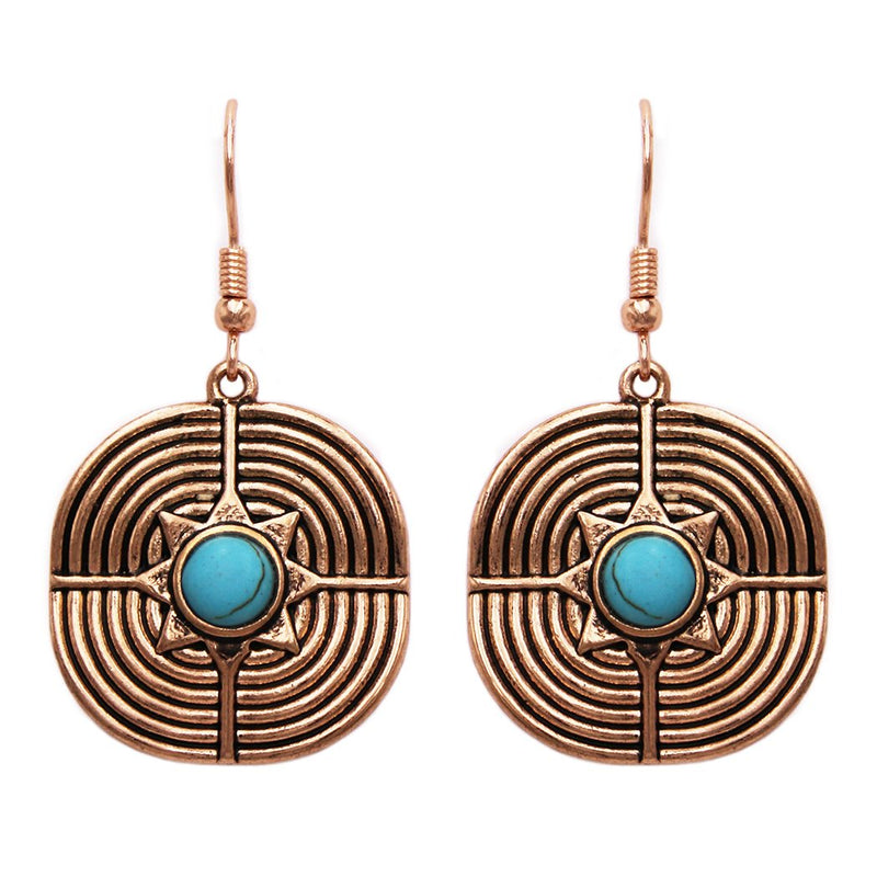 Women's Textured Gold Tone Statement Turquoise Circular Dangle Drop Earrings