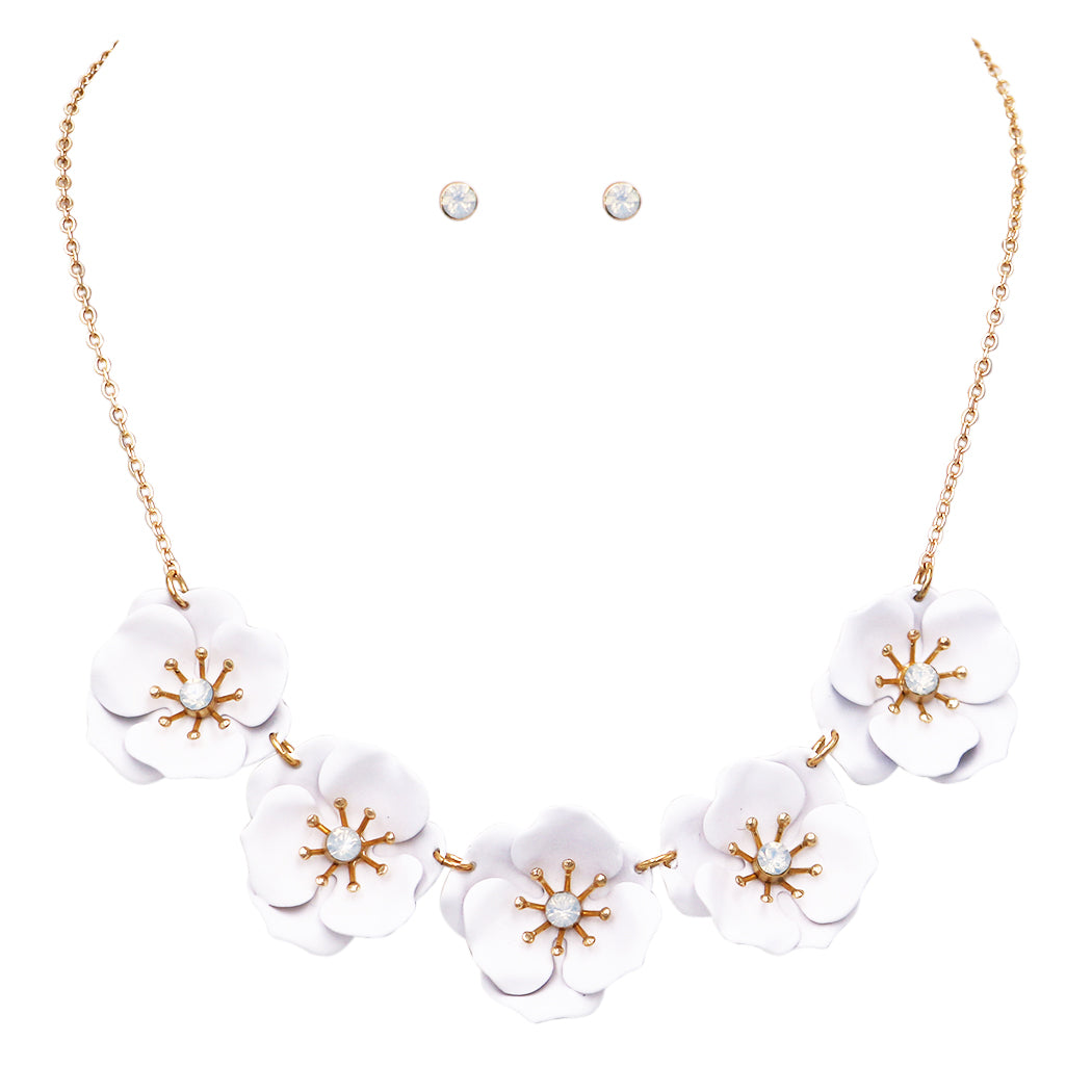 Stunning Powder Coated Metal Flower Collar Necklace And Crystal Stud  Earrings Gift Set, 15