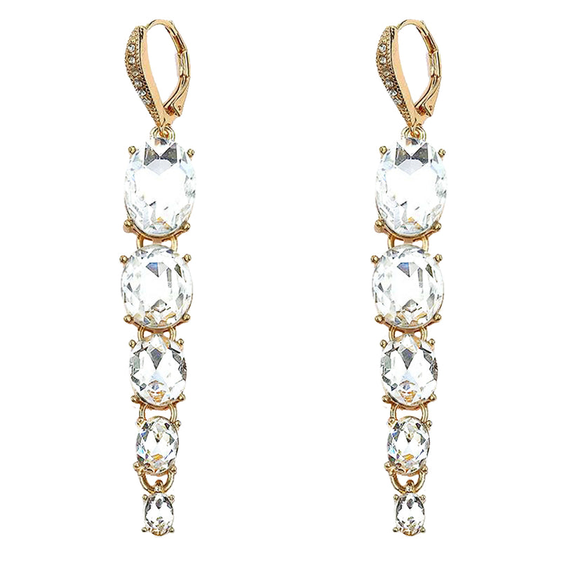 Graduated Oval Glass Stone Dangle Statement Earrings (Gold Tone/Clear Crystal)