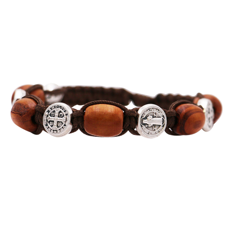 Imported from Italy Religious Saint Benedict Medals and Wood Beads Slip Knot Bracelet