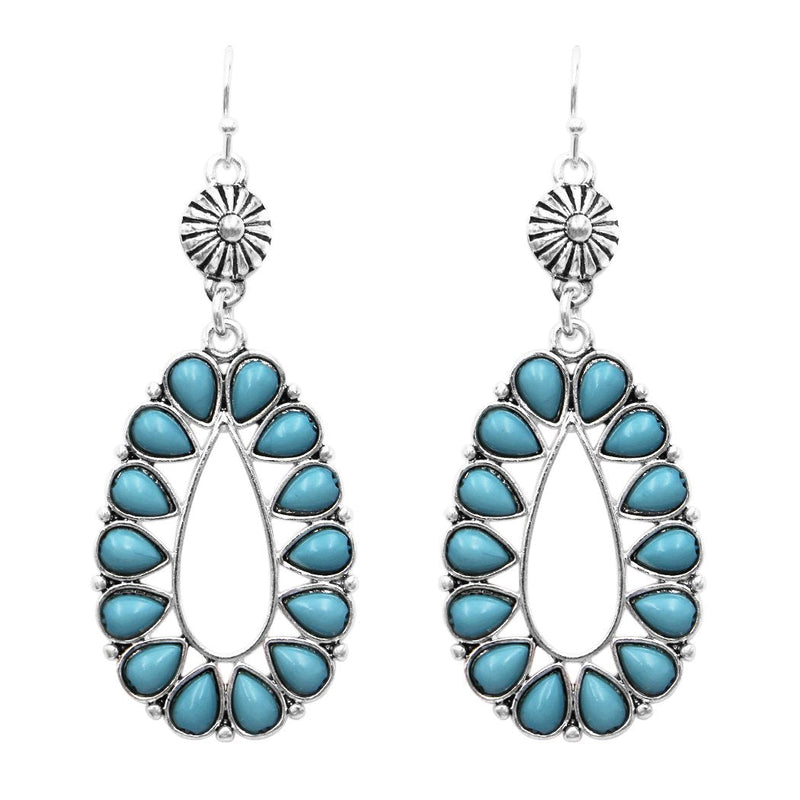 Stunning South Western Style Turquoise Howlite Oval Hoop Earrings, 2.5" (Silver Tone)