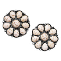 Statement Western Style Natural Howlite Flower Cowgirl Clip On Style Earrings, 1.12" (Natural White Howlite)