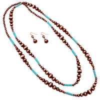 Women's Extra Long Metallic and Turquoise Bead Statement Necklace and Earrings Set, 60" (Metallic Copper)