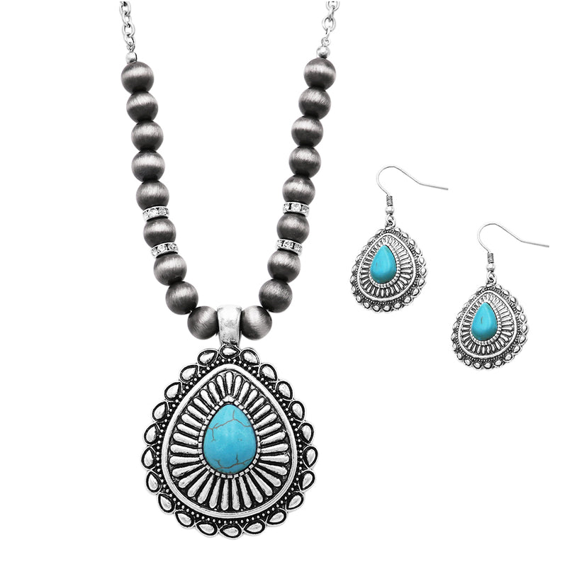 Southwestern Style Concho and Beads with Teardrop Howlite Stone Pendant Statement Necklace Earrings Set, 18"-21" with 3" Extender (Turquoise Howlite Silver Tone)