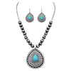 Southwestern Style Concho and Beads with Teardrop Howlite Stone Pendant Statement Necklace Earrings Set, 18"-21" with 3" Extender (Turquoise Howlite Silver Tone)