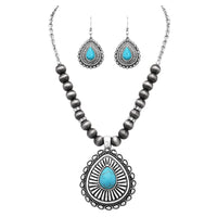 Southwestern Style Concho and Beads with Teardrop Howlite Stone Pendant Statement Necklace Earrings Set, 18"-21" with 3" Extender (Turquoise Howlite Silver Tone)