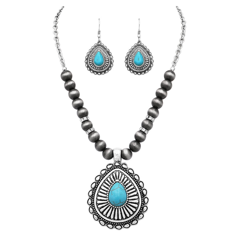 Southwestern Style Concho and Beads with Teardrop Howlite Stone Pendant Statement Necklace Earrings Set, 18"-21" with 3" Extender (Turquoise Howlite Silver Tone)