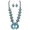 Gorgeous Statement South Western Natural Semi Precious Howlite Squash Blossom Necklace Earrings Set, 27"-30" with 3" Extension (Turquoise Blue)