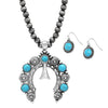 Cowgirl Chic Western Style Large Natural Turquoise Howlite Pendant Extra Long Metallic Pearl Necklace Earrings Set, 33"+3" Extender (Squash Blossom Medallion)