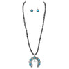 Cowgirl Chic Western Style Large Natural Turquoise Howlite Pendant Extra Long Metallic Pearl Necklace Earrings Set, 33"+3" Extender (Squash Blossom Medallion)