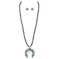 Cowgirl Chic Western Style Large Natural Turquoise Howlite Pendant Extra Long Metallic Pearl Necklace Earrings Set, 33"+3" Extender (Squash Blossom Medallion)