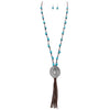 Western Style Statement Concho Pendant With Turquoise Stone And Vegan Suede Tassel Necklace Earrings Set, 36"+3" Extender