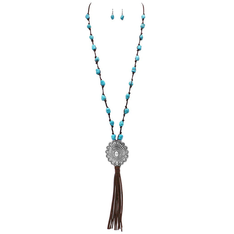 Western Style Statement Concho Pendant With Turquoise Stone And Vegan Suede Tassel Necklace Earrings Set, 36"+3" Extender