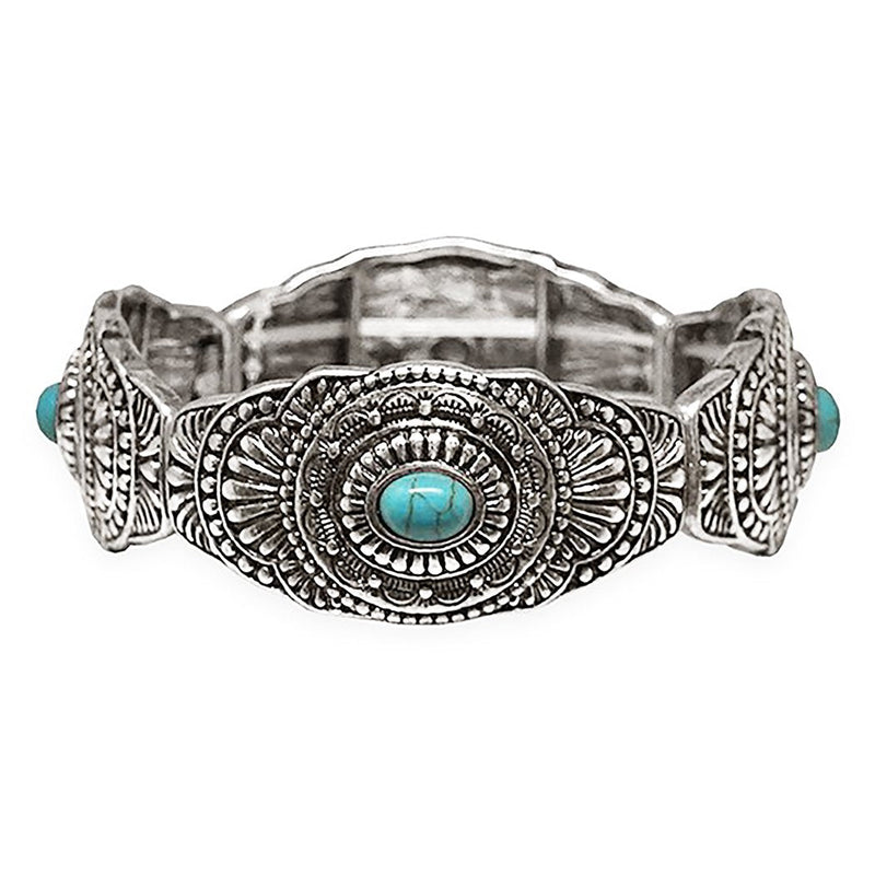 South Western Style Turquoise Concho Statement Stretch Bangle Bracelet, 2.25"