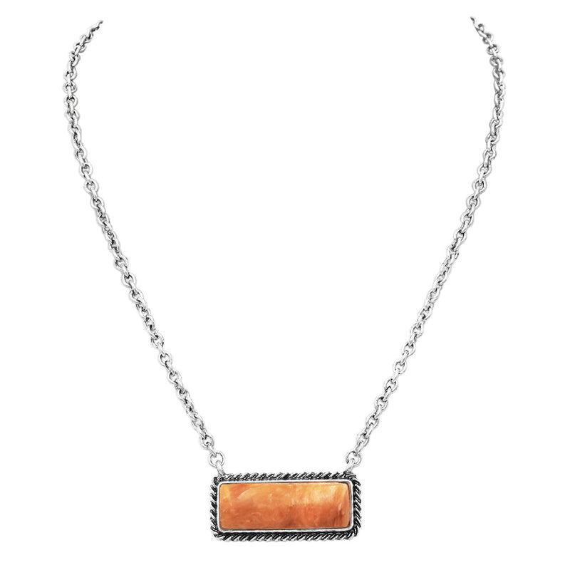 Simple Western Semi Precious Howlite Stone Bar Pendant Necklace, 18"+3" Extender (Orange Howlite Stone)