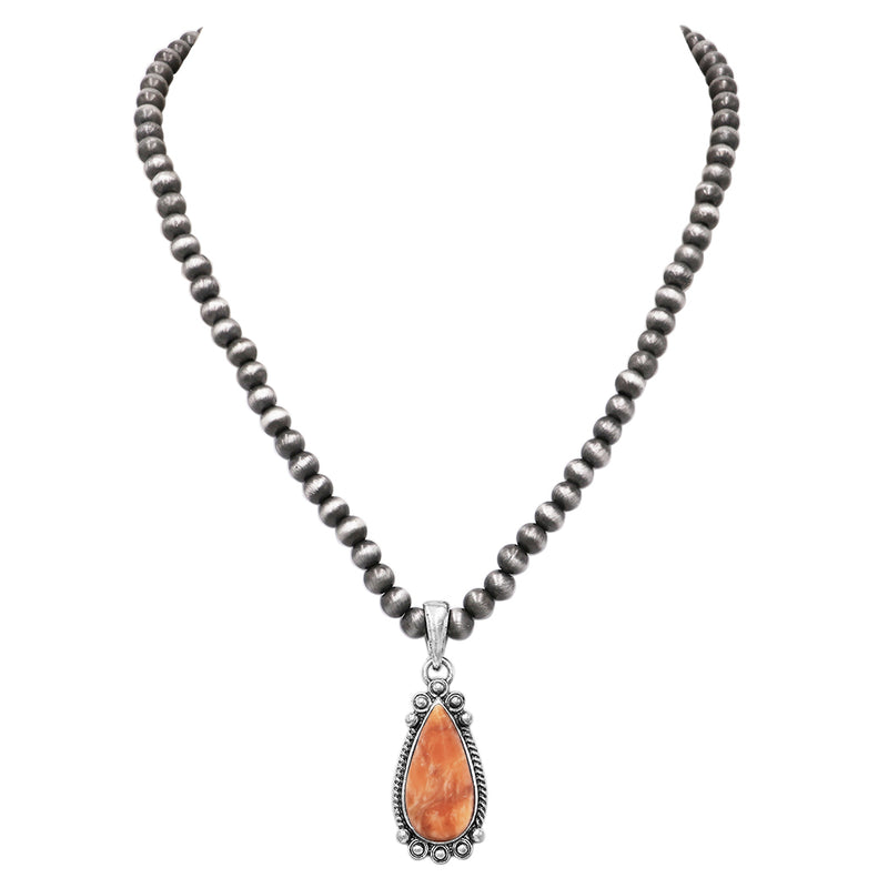 Western Style Natural Howlite Teardrop Pendant On 5mm Metallic Pearl Strand Necklace, 18"+3" Extension (Orange Howlite)