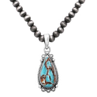 Western Style Natural Howlite Teardrop Pendant On 5mm Metallic Pearl Strand Necklace, 18"+3" Extension (Turquoise Howlite)