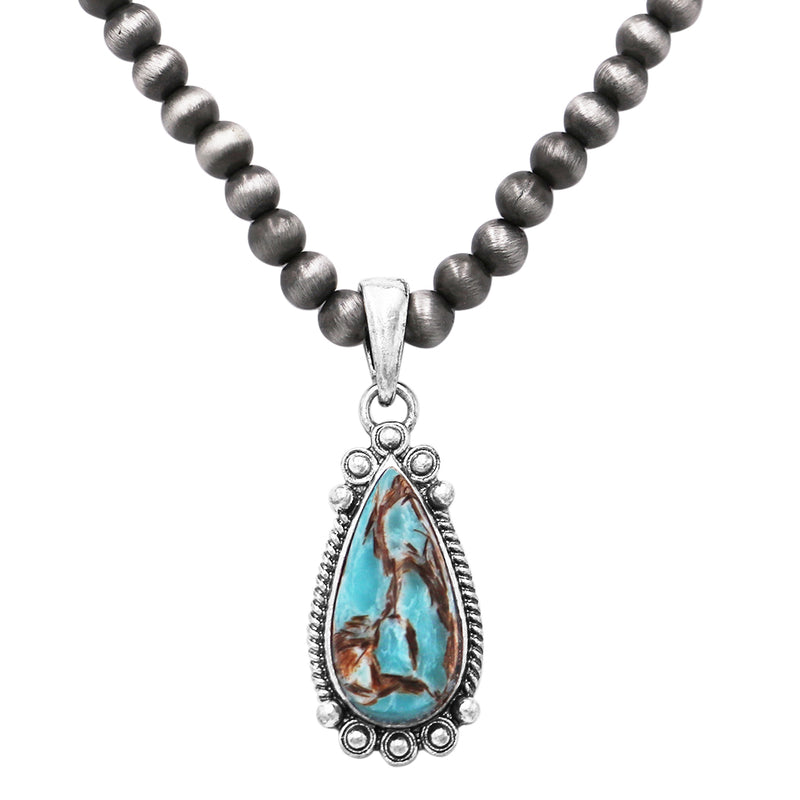 Western Style Natural Howlite Teardrop Pendant On 5mm Metallic Pearl Strand Necklace, 18"+3" Extension (Turquoise Howlite)