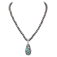 Western Style Natural Howlite Teardrop Pendant On 5mm Metallic Pearl Strand Necklace, 18"+3" Extension (Turquoise Howlite)