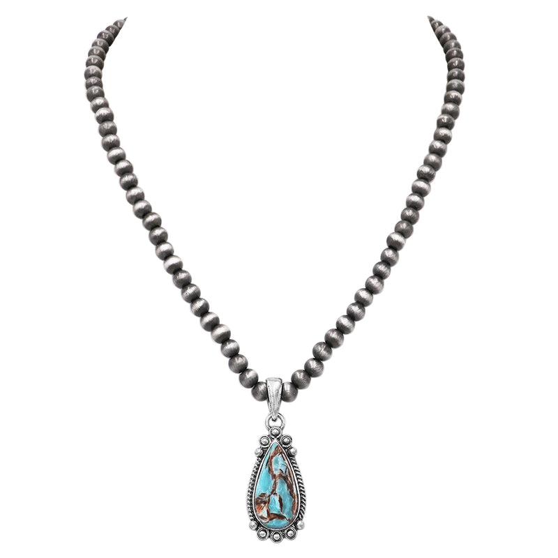 Western Style Natural Howlite Teardrop Pendant On 5mm Metallic Pearl Strand Necklace, 18"+3" Extension (Turquoise Howlite)