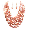 Multi Strand Simulated Pearl Bib Necklace and Earrings Jewelry Set, 16"-19" with 3" Extender (Peach Gold Tone)