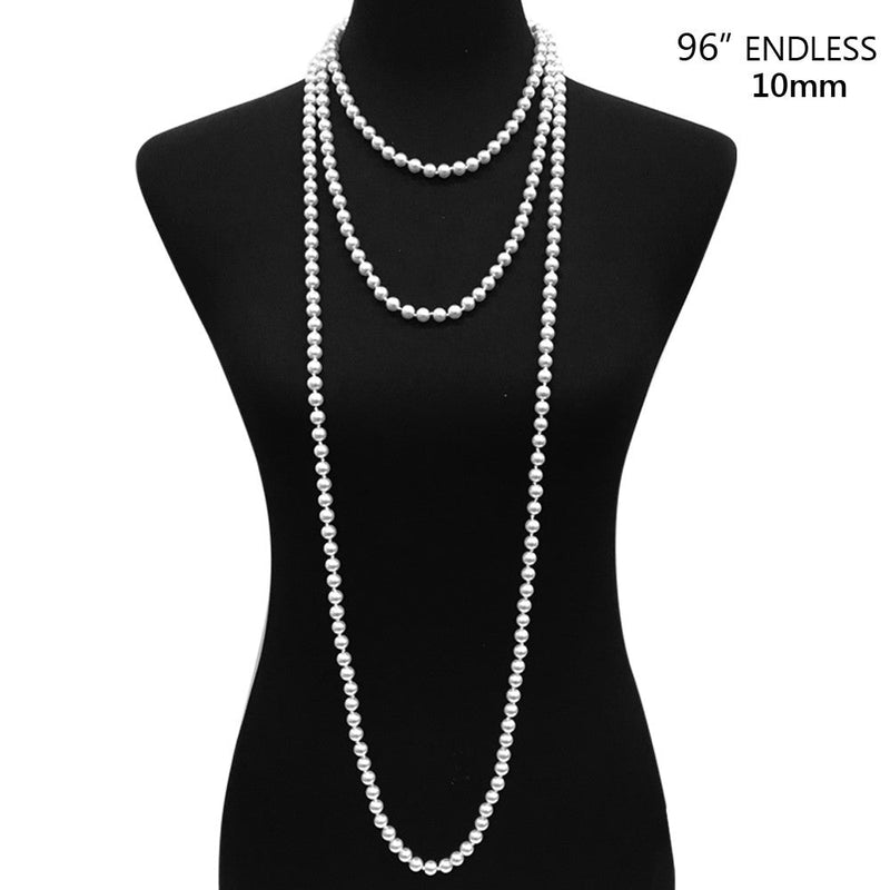 Stunning Simulated Glass Pearl Knotted Long Necklace Strand (10mm, 96, White)